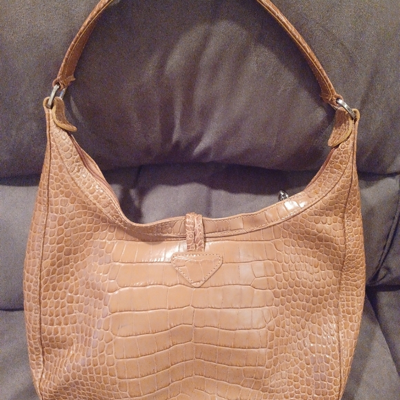 Longchamp Tan Croc Embossed Leather Handbag Shoulder Bag Purse Tote - Picture 4 of 9